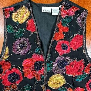 VTG Styleworks Silk Beaded Floral Vest Womens Sz M Black V-Neck Vintage Artsy